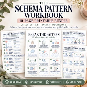 Puede incluir: El Schema Pattern Workbook es un paquete imprimible de 10 páginas que contiene hojas de trabajo de terapia, psicoeducación y herramientas de reflexión guiada sobre esquemas, microhabilidades y planes de acción terapéuticos.