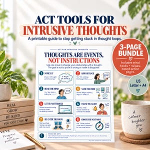 May include: A printable guide titled ACT Tools for Intrusive Thoughts featuring eight numbered steps for managing thought loops. The document includes illustrations, text instructions, and a red circular badge noting a 3-page bundle for US Letter and A4.