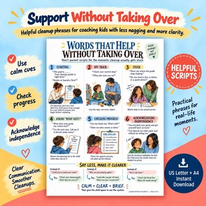 May include: An educational infographic titled Words That Help Without Taking Over, featuring six numbered steps with illustrations of adults and children. The chart provides scripts for coaching kids through cleanup tasks, including checklists and communication tips.