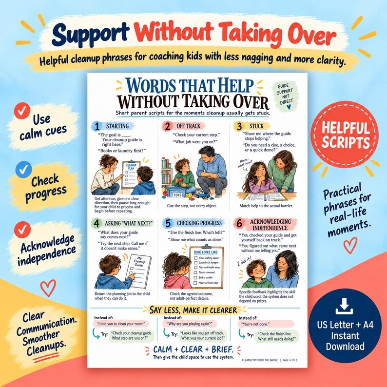 May include: An educational infographic titled Words That Help Without Taking Over, featuring six numbered steps with illustrations of adults and children. The chart provides scripts for coaching kids through cleanup tasks, including checklists and communication tips.