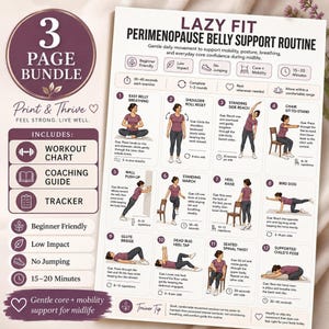 Perimenopause Workout Printable, Gentle Midlife Belly Support Routine, Low Impact Core Mobility Guide, Energy Tracker