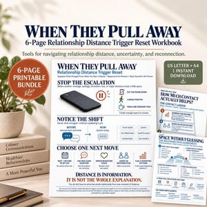 May include: A 6-page printable relationship workbook titled When They Pull Away, featuring sections on distance triggers, contact ladders, and reconnection agreements. The document includes text, icons, and a smartphone graphic on a white background.