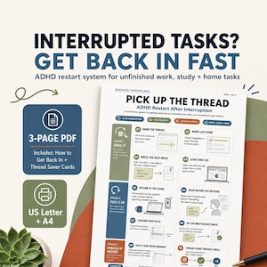 ADHD Task Restart Printable, Executive Function System for Interrupted Work, Transition and Focus Recovery Cards, US Letter + A4 PDF