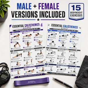 K&ouml;nnte beinhalten: Zwei Trainingspl&auml;ne mit Diagrammen und dem Text "ESSENTIAL CALISTHENICS WORKOUT." Die Pl&auml;ne enthalten "MALE + FEMALE VERSIONS INCLUDED" und "15 BODYWEIGHT EXERCISES." Ein lila Widerstandsband, eine Stoppuhr, ein Stift und ein Handtuch sind ebenfalls sichtbar.