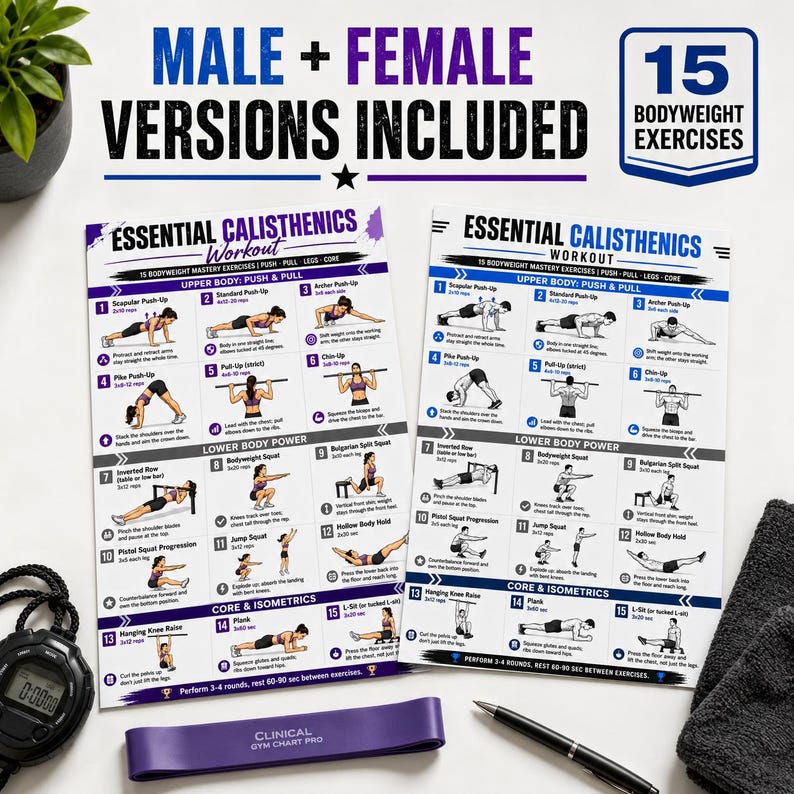 K&ouml;nnte beinhalten: Zwei Trainingspl&auml;ne mit Diagrammen und dem Text "ESSENTIAL CALISTHENICS WORKOUT." Die Pl&auml;ne enthalten "MALE + FEMALE VERSIONS INCLUDED" und "15 BODYWEIGHT EXERCISES." Ein lila Widerstandsband, eine Stoppuhr, ein Stift und ein Handtuch sind ebenfalls sichtbar.