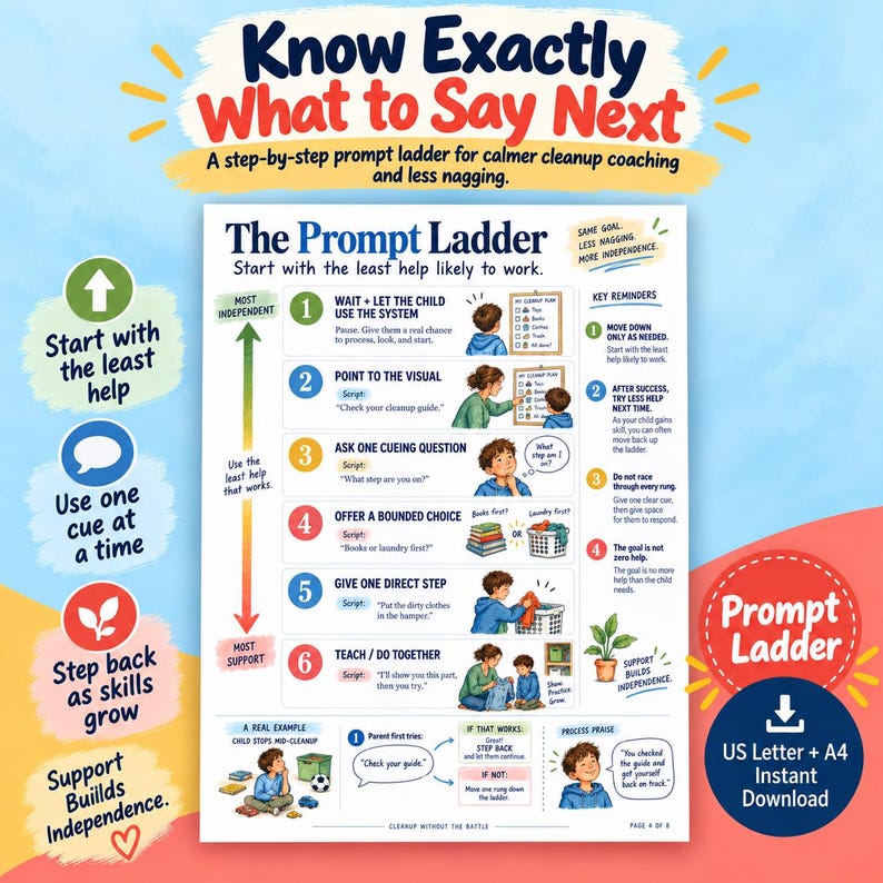 May include: A printable educational chart titled The Prompt Ladder, featuring six numbered steps for child cleanup coaching. It includes illustrations of a parent and child, text scripts for guidance, and key reminders for fostering independence.