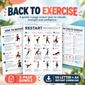 Può includere: Una guida digitale agli esercizi di tre pagine intitolata Back to Exercise, che presenta un piano di allenamento con dodici movimenti illustrati, istruzioni sull'intensità e un tracker dei progressi. Il documento contiene testo in inglese.