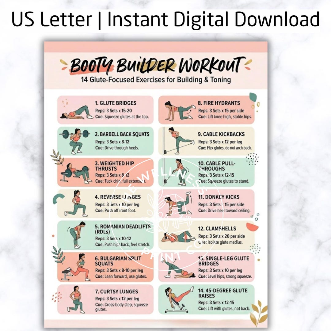 Booty Builder Workout Chart | Glute Exercise PDF | at Home Lower Body ...