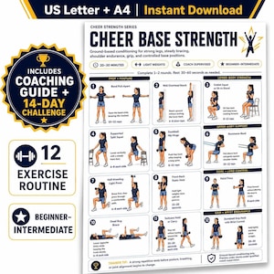 May include: A digital exercise chart titled Cheer Base Strength featuring 12 numbered illustrations of fitness movements. The document includes text for a coaching guide, a 14-day challenge, and instructions for US Letter and A4 paper sizes.