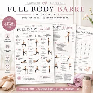 Full body barre workout printable with ballet inspired exercise chart, dance coaching guide, and 21 day challenge tracker US Letter A4 PDF