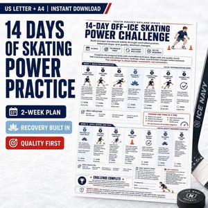 A blue and red hockey training guide titled "14 Days of Skating Power Challenge" shows 14 drills with small illustrations, a black water bottle, and a hockey stick.