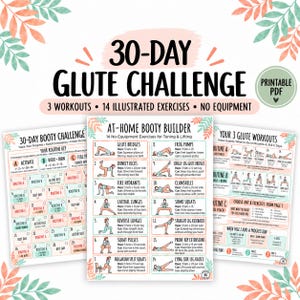 Op de afbeelding: Een printbare 30-daagse billen-challenge PDF-gids met 14 geïllustreerde oefeningen zonder apparatuur. Het document bevat een 30-daagse trainingsplanner, een routinesleutel en gedetailleerde instructies voor diverse oefeningen.