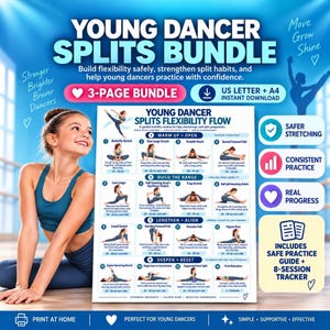 Può includere: Un pacchetto scaricabile digitalmente intitolato Young Dancer Splits Bundle che include una guida di 3 pagine con 16 esercizi di flessibilità illustrati, tra cui riscaldamenti, affondi e allungamenti per giovani ballerini.