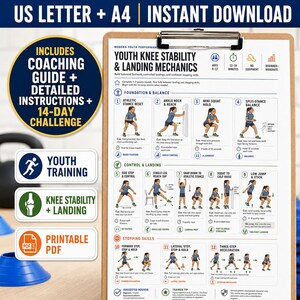 Op de afbeelding: Een geprint document op een klembord met de titel Youth Knee Stability & Landing Mechanics, met twaalf geïllustreerde oefenstappen, een coachingsgids en een 14-daagse uitdaging. De lay-out bevat diagrammen voor basis, balans en stopvaardigheden.