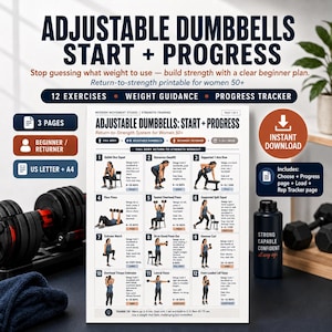 Puede incluir: Una guía de entrenamiento imprimible titulada Adjustable Dumbbells: Start + Progress, que incluye 12 ejercicios de fuerza ilustrados, guía de peso y un rastreador de progreso para una rutina de cuerpo completo para principiantes.