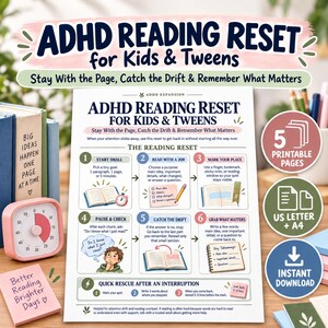 Peut inclure: Un guide imprimable ADHD Reading Reset pour enfants et préadolescents présentant six étapes numérotées avec des illustrations, incluant un minuteur, des livres et un bloc-notes. Le document contient des instructions pour la lecture et une section de secours.