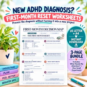 May include: A printable ADHD diagnosis worksheet titled First-Month Decision Map. The document features eight numbered sections for processing a diagnosis, including prompts to name reactions, notice differences, and choose next steps.