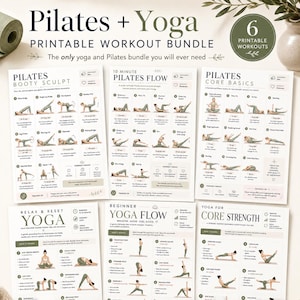 Pacchetto stampabile di Yoga e Pilates, 6 guide di allenamento in PDF, per addominali, pancia piatta, glutei, fluidità, recupero, tabella murale per esercizi di forza e fitness da fare a casa.
