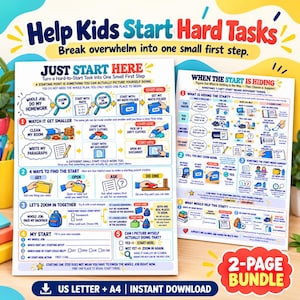 May include: A two-page educational bundle titled Help Kids Start Hard Tasks, featuring colorful diagrams, flowcharts, and text instructions on breaking down large assignments into small, manageable steps for children to follow.