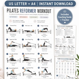 Könnte beinhalten: Ein digitales Pilates-Reformer-Trainingsdiagramm mit zwölf illustrierten Übungen inklusive Anleitungen, Wiederholungszahlen und einem Coaching-Leitfaden. Das Dokument enthält einen 14-Tage-Challenge-Tracker, formatiert für US Letter und A4.