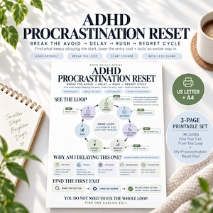 May include: A three-page printable ADHD Procrastination Reset guide featuring a circular diagram titled See The Loop, which outlines steps from task appearance to restart. The document includes sections on why delays occur and how to find the first exit.