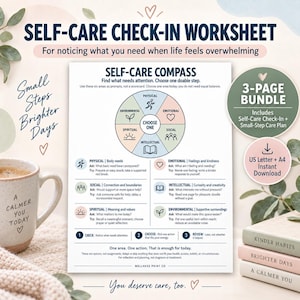 May include: A self-care check-in worksheet featuring a circular compass graphic divided into six categories: physical, emotional, social, intellectual, spiritual, and environmental. The document includes prompts for daily needs, a 3-page bundle note, and US Letter size.