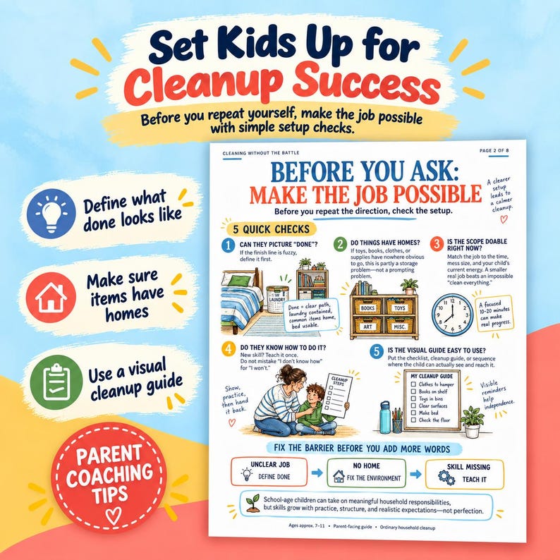 May include: An educational infographic titled Set Kids Up for Cleanup Success, featuring five quick checks for household organisation. It includes illustrations of a bedroom, storage shelves, a clock, and a parent showing a checklist to a child.