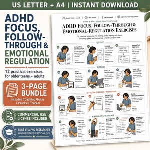Ćwiczenia z ADHD do druku, umiejętności funkcji wykonawczych, regulacja emocji, zestaw narzędzi oparty na CBT dla nastolatków i dorosłych