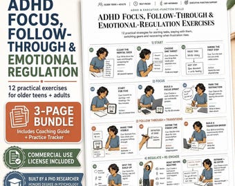 ADHD Focus Exercises Printable, Executive Function Skills, Emotional Regulation CBT-Informed Toolkit for Teens & Adults