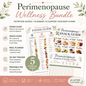 May include: A Perimenopause Wellness Bundle featuring nutrition guides and planners. Includes a Foods Guide, Snack Guide, Meal Planner, and 30-Day Symptom & Energy Tracker. The documents are printable PDFs available in US Letter and A4 sizes.