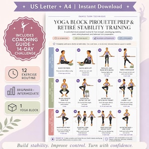 May include: A digital instructional chart titled Yoga Block Pirouette Prep & Retiré Stability Training. It features twelve illustrated dance exercises using a yoga block, organised into three sections: feet and ankles, alignment and retiré, and turn prep and control.
