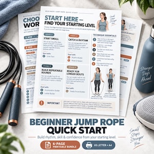 May include: A six-page printable jump rope quick start guide featuring a step-by-step progression chart, technique essentials, and illustrations of a person using a jump rope. The guide includes text titled Beginner Jump Rope Quick Start.