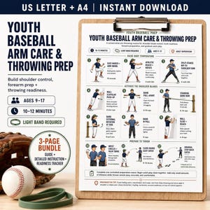 Puede incluir: Una guía impresa titulada Youth Baseball Arm Care & Throwing Prep en un portapapeles, que presenta doce ejercicios ilustrados para edades de 9 a 17 años. El documento incluye instrucciones para el control de hombros y preparación de lanzamiento.