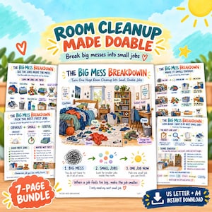 May include: A seven-page digital bundle titled Room Cleanup Made Doable, featuring illustrated guides for organizing a messy bedroom. The pages include The Big Mess Breakdown, with colorful graphics, text instructions, and a central bedroom scene.