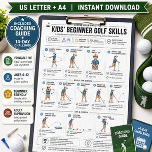 Puede incluir: Una guía de práctica de golf para niños imprimible en un portapapeles, con doce pasos ilustrados para habilidades de golf principiante, incluyendo controles de seguridad, técnicas de swing y ejercicios de putt, con guía de entrenamiento y tarjetas.