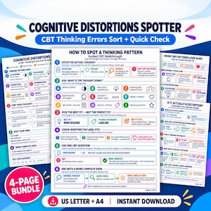 May include: A four-page digital bundle titled Cognitive Distortions Spotter, featuring CBT thinking errors sort and quick check worksheets. The documents include step-by-step guides, flowcharts, and checklists with colorful icons on a white background.