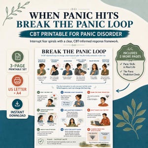 Peut inclure: Un document imprimable TCC pour le trouble panique intitulé WHEN PANIC HITS BREAK THE PANIC LOOP. Il présente un cadre en 9 étapes avec des illustrations de personnes anxieuses, du texte sur les cycles de panique et un indicateur de 3 pages.