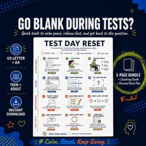 Op de afbeelding: Een Test Day Reset infographic op een donkerblauwe achtergrond. De kaart bevat 12 genummerde stappen voor het beheersen van examenstress, waaronder technieken zoals Shrink the Job, Exhale First en Ground 3 Points. Bevat een 3-page bundle label.