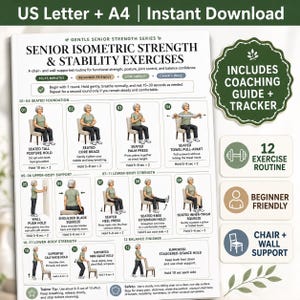 May include: A white instructional poster titled Senior Isometric Strength & Stability Exercises featuring twelve numbered illustrations of a person performing seated and wall-supported movements, including text instructions, a coaching guide, and a tracker.