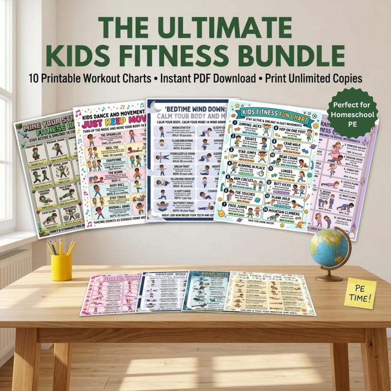 A stack of colorful kids fitness charts and planners arranged on a wooden table with a globe and pencils.