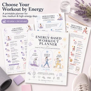 Könnte beinhalten: Ein druckbarer, energiebasierter Trainingsplaner mit drei Abschnitten für niedriges, mittleres und hohes Energieniveau. Das Dokument enthält Textüberschriften, Illustrationen von Übungen ausführenden Personen sowie Symbole für Formate.