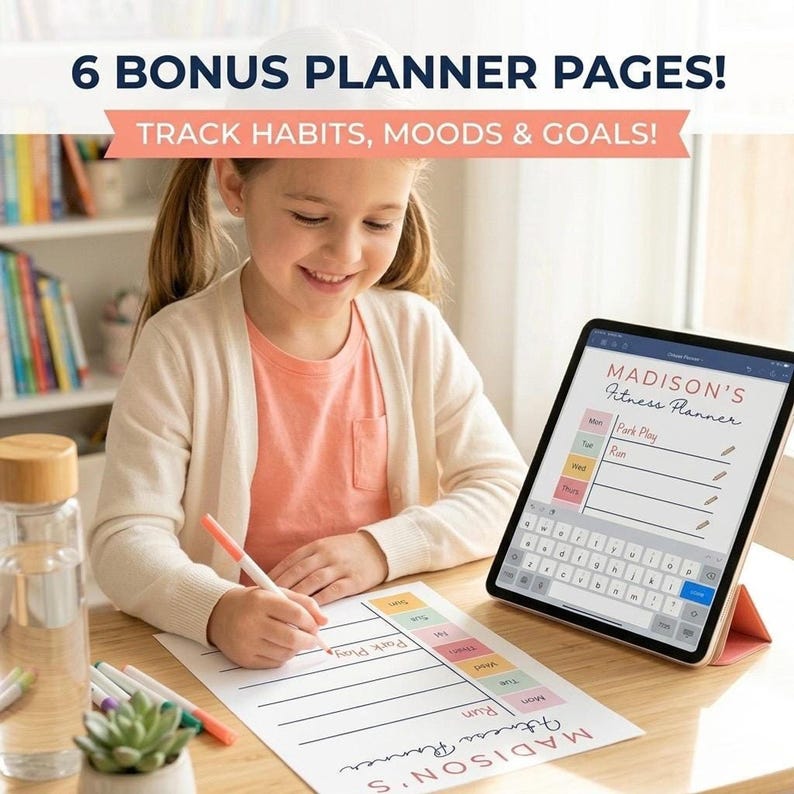 A young girl smiling while writing on a planner sheet next to a tablet showing a fitness schedule.