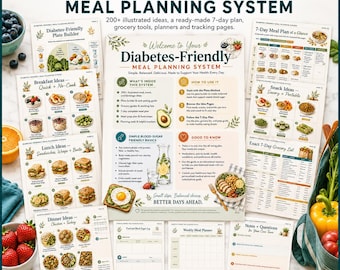 Könnte beinhalten: Ein 36-seitiges diabetesfreundliches Essensplanungssystem mit illustrierten Ideen, einem 7-Tage-Plan, Einkaufshilfen und Tracking-Seiten. Die Dokumente enthalten den Text Diabetes-Friendly Meal Planning System und 7-Day Meal Plan.