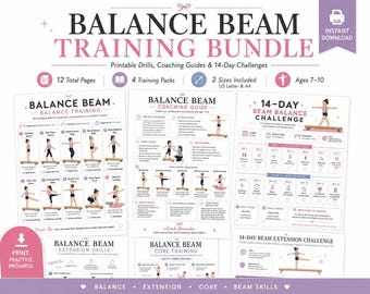 Balance Beam Drills Printable Bundle for Kids, Gymnastics Training & Core Exercises