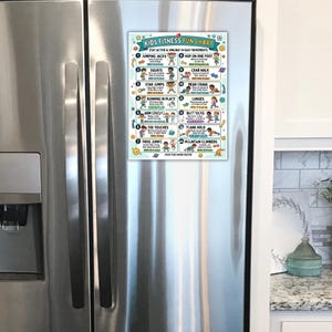 A kids fitness chart with colorful cartoon children demonstrating 14 easy movements, attached to a stainless steel refrigerator door.