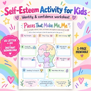 May include: A printable self-esteem activity worksheet titled Pieces That Make Me, Me. The page features nine numbered sections for writing or drawing, a central puzzle-piece head illustration, and text including US Letter + A4 Instant Download.