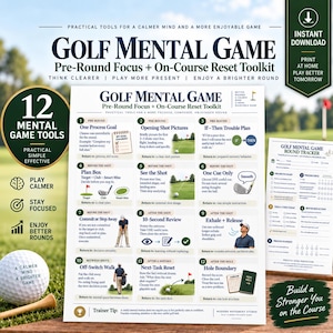 Könnte beinhalten: Ein Golf Mental Game Toolkit mit einer Anleitungstabelle für 12 Werkzeuge und einem Runden-Tracker. Die Tabelle enthält nummerierte Schritte zur Konzentration vor der Runde und zur mentalen Erholung, mit Texten zu Strategien für Golfer.