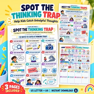 Może przedstawiać: Trzy plakaty edukacyjne zatytułowane Spot the Thinking Trap, zawierające kolorowe ilustracje i tekst pomagający dzieciom identyfikować nieprzydatne myśli. Strony zawierają dwanaście ponumerowanych kroków, przykłady oraz przewodnik po elastycznym myśleniu.