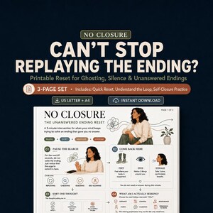 May include: A three-page printable document titled No Closure: The Unanswered Ending Reset. The page features illustrations of a person, instructional steps numbered 01 to 04, and text prompts for self-reflection, including sections to pause, sort, and choose.