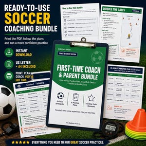 Soccer Coach Guide for First-Time Coaches, Printable Youth Practice Plans & Visual Drill Cards, U6 U8 Beginner Training Bundle